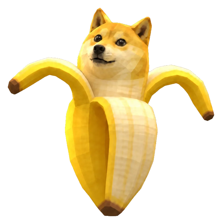 Banana Inu: a shiba inu head rising out of a half-peeled banana, peel flaps raised like arms